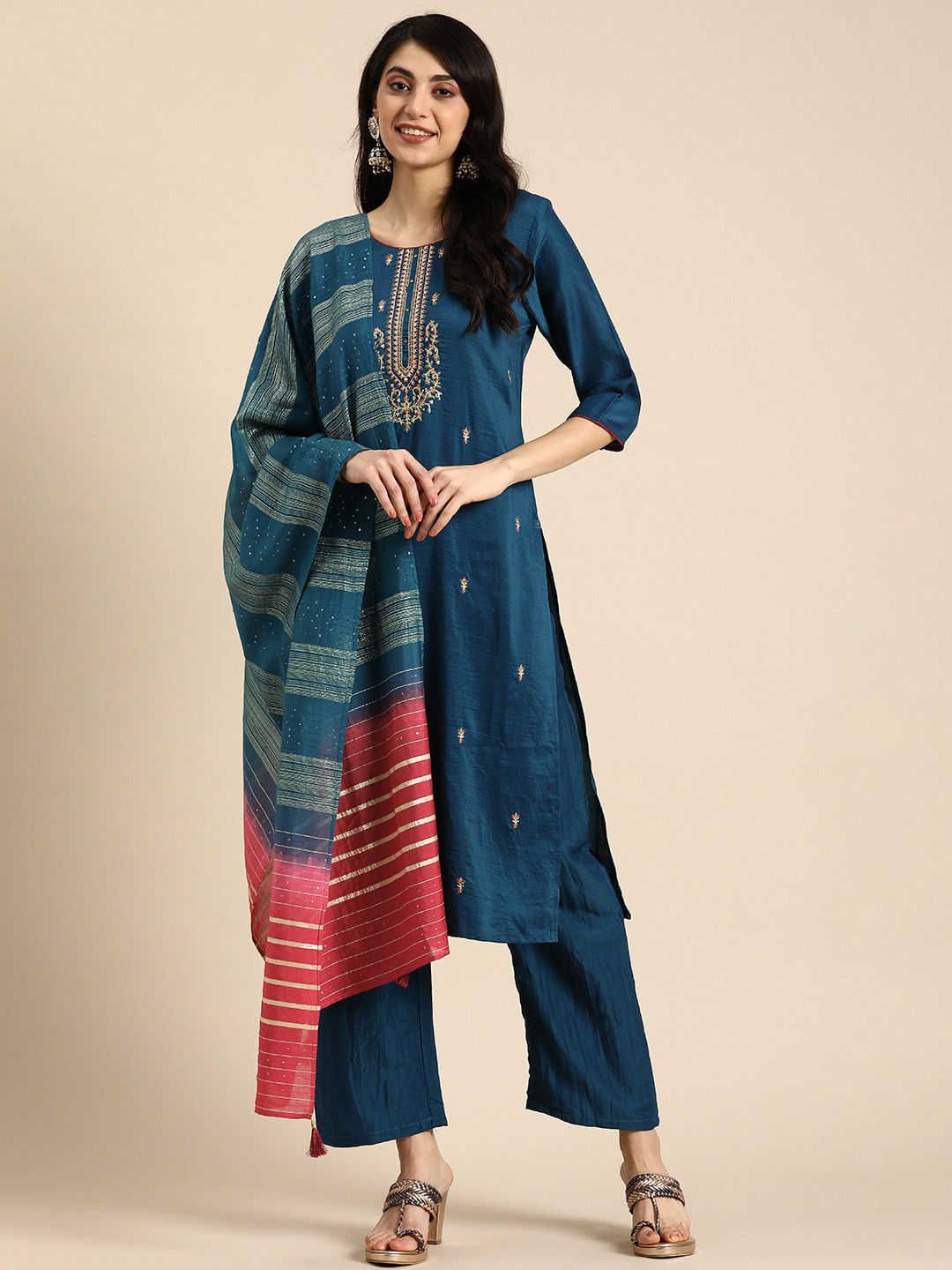 

Anouk Ethnic Motifs Embroidered Zari Kurta With Palazzos & Dupatta, Blue