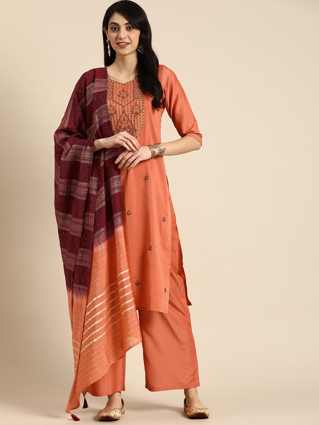 

Anouk Women Floral Embroidered Regular Kurta with Palazzos & With Dupatta, Orange