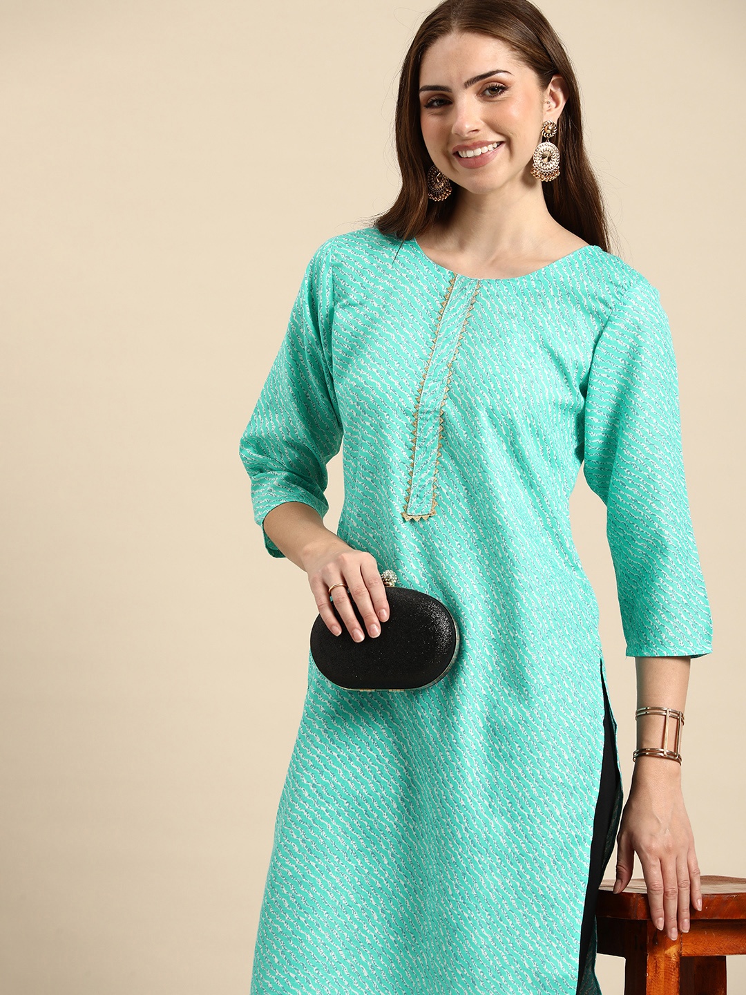 

Anouk Leheriya Printed Gotta Patti Kurta, Turquoise blue