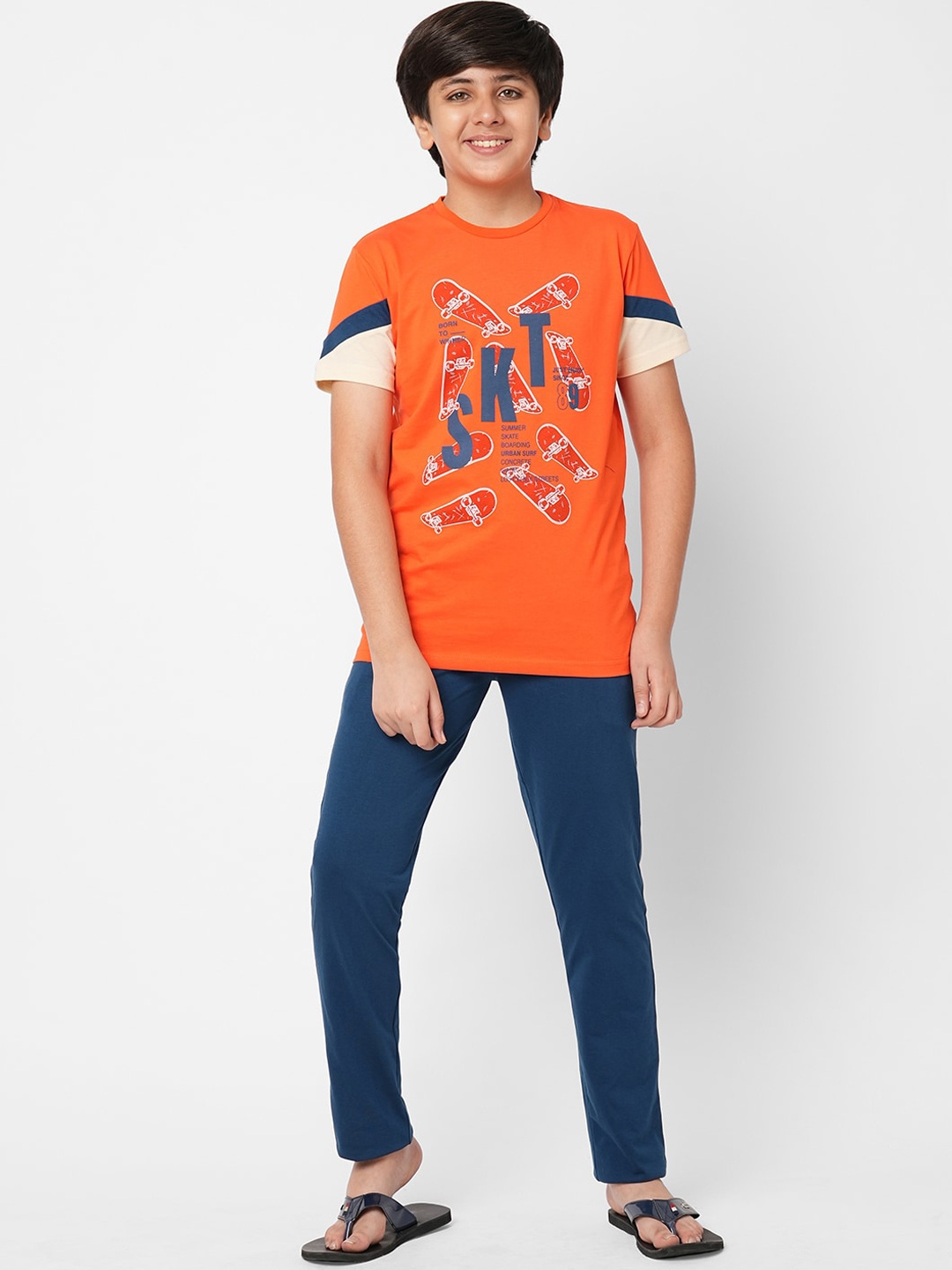 

Sweet Dreams Boys Graphic Printed Night Suit, Orange