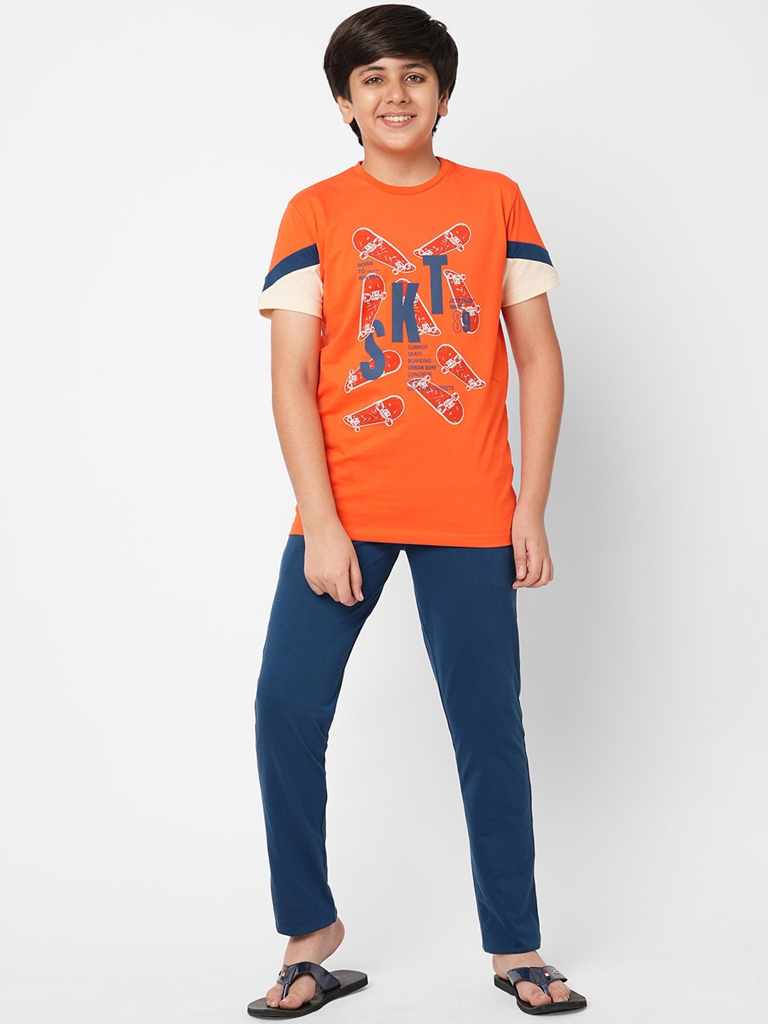 

Sweet Dreams Boys Graphic Printed Night Suit, Orange