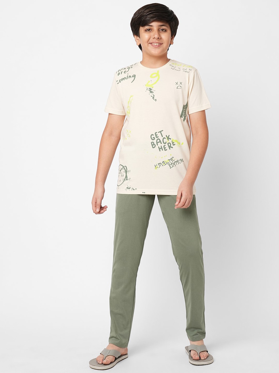 

Sweet Dreams Boys Typography Printed Night Suit, Beige