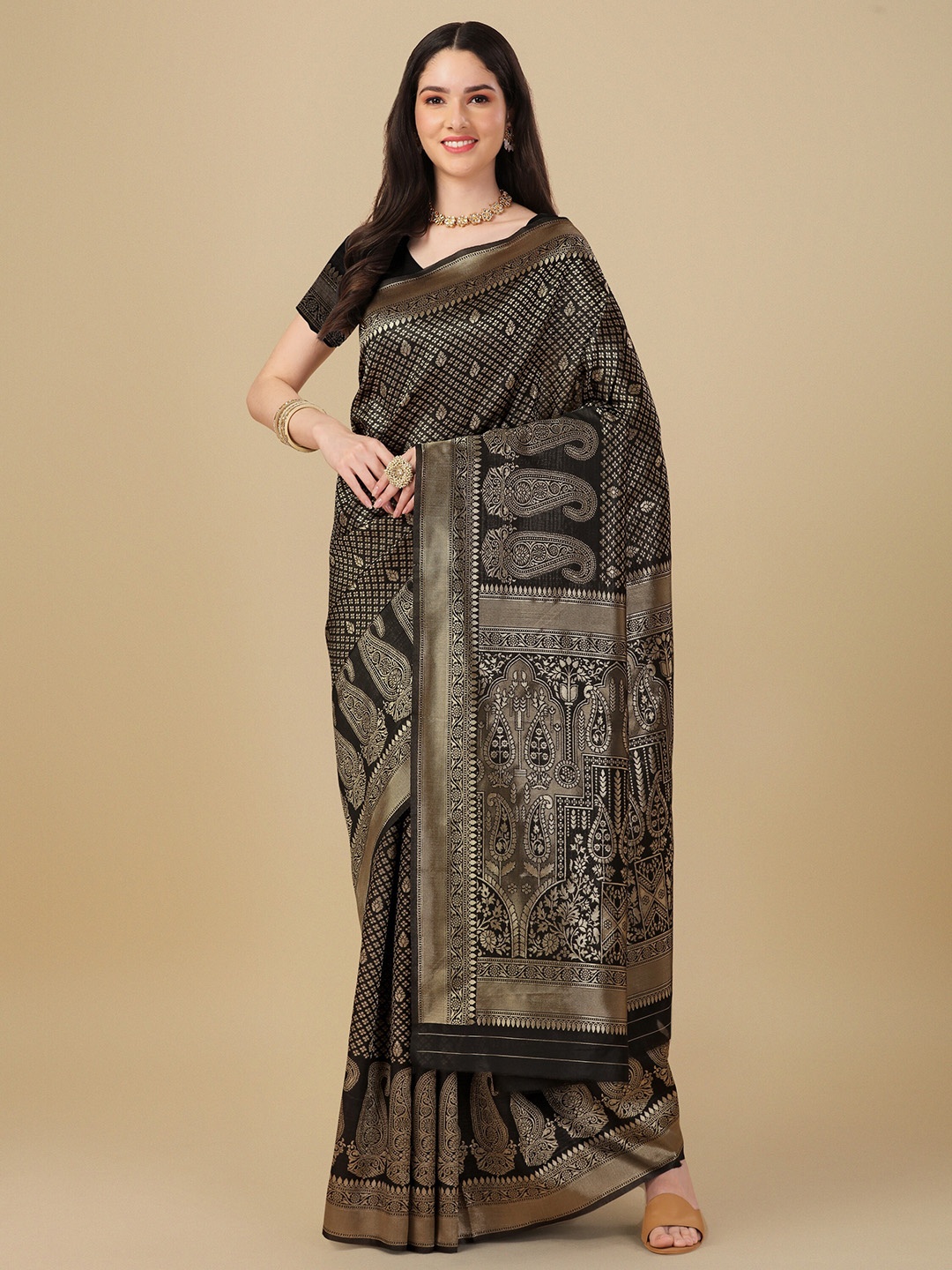 

KALINI Ethnic Motifs Zari Art Silk Banarasi Saree, Black