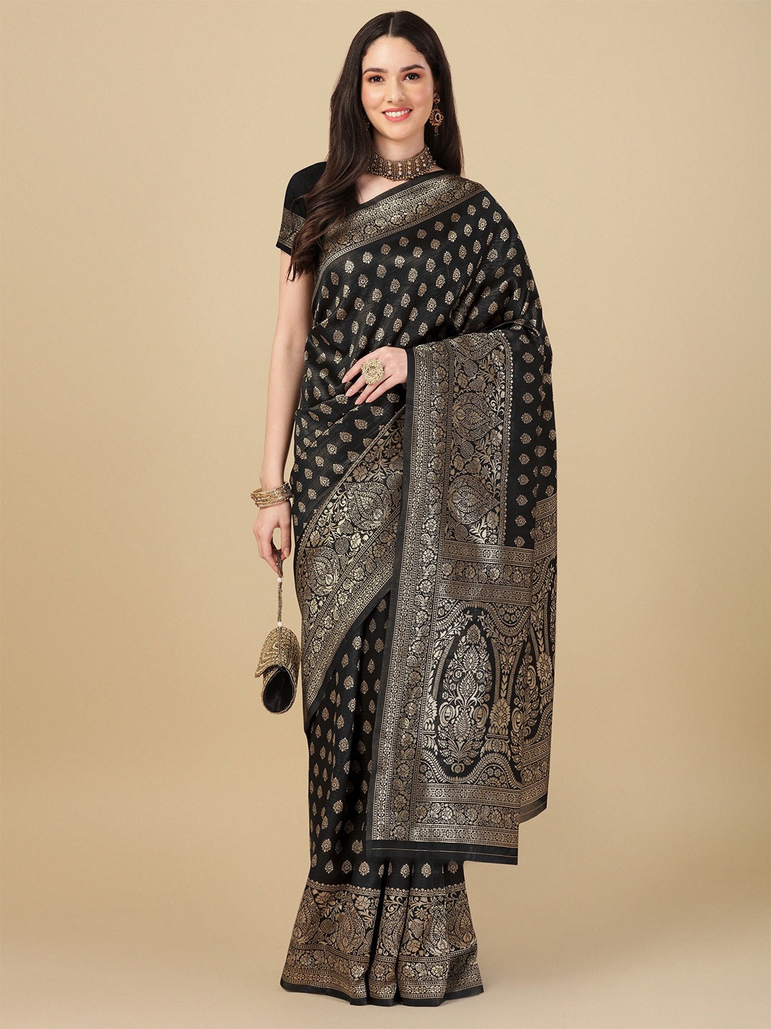 

KALINI Ethnic Motif Woven Design Zari Art Silk Banarasi Saree, Black
