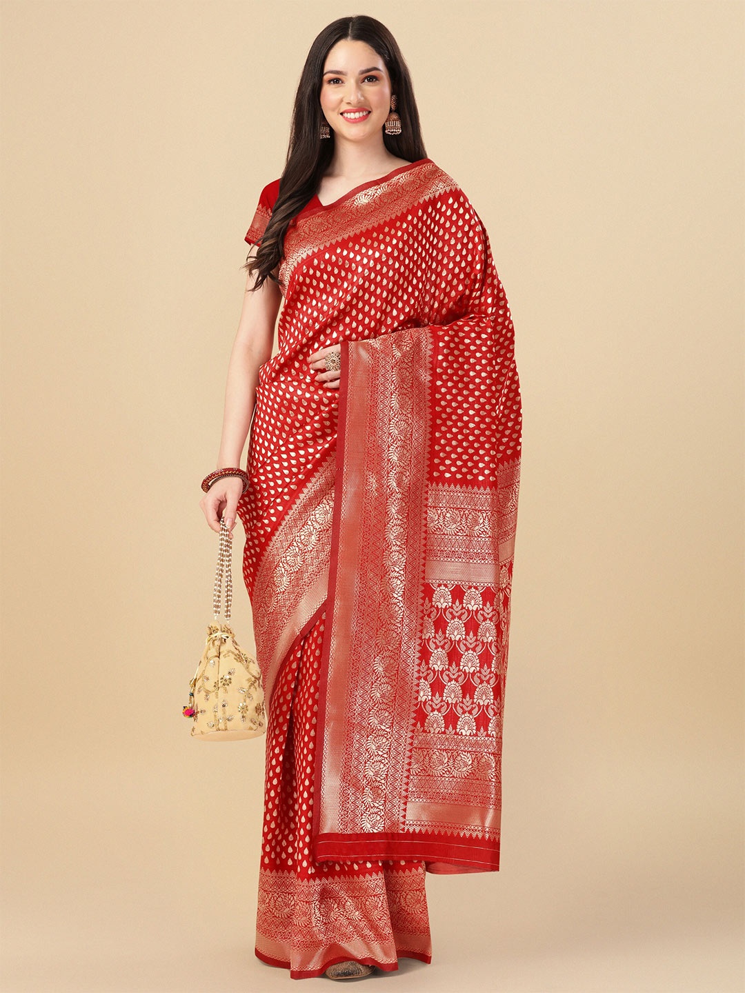 KALINI Woven Design Zari Art Silk Banarasi Saree, Red