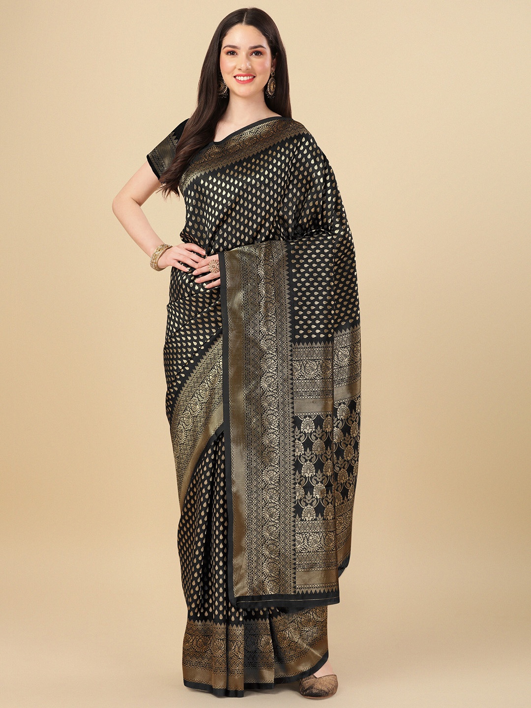 

KALINI Ethnic Motifs Zari Art Silk Banarasi Saree, Black