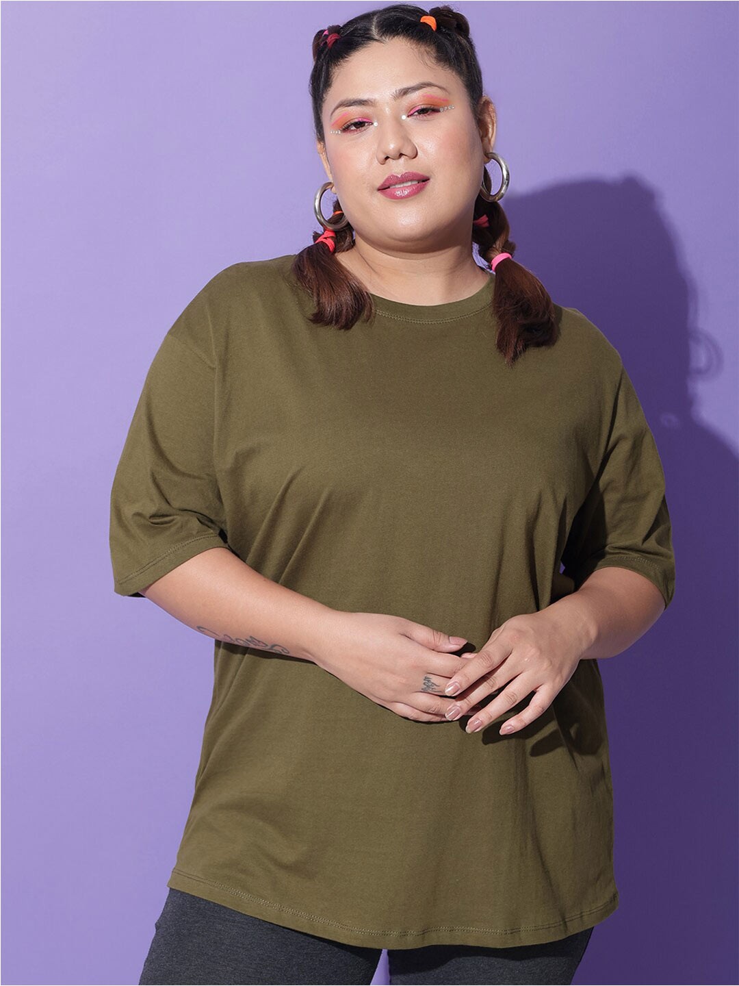 

Funday Fashion Drop-Shoulder Sleeves Longline Oversized Cotton T-shirt, Green