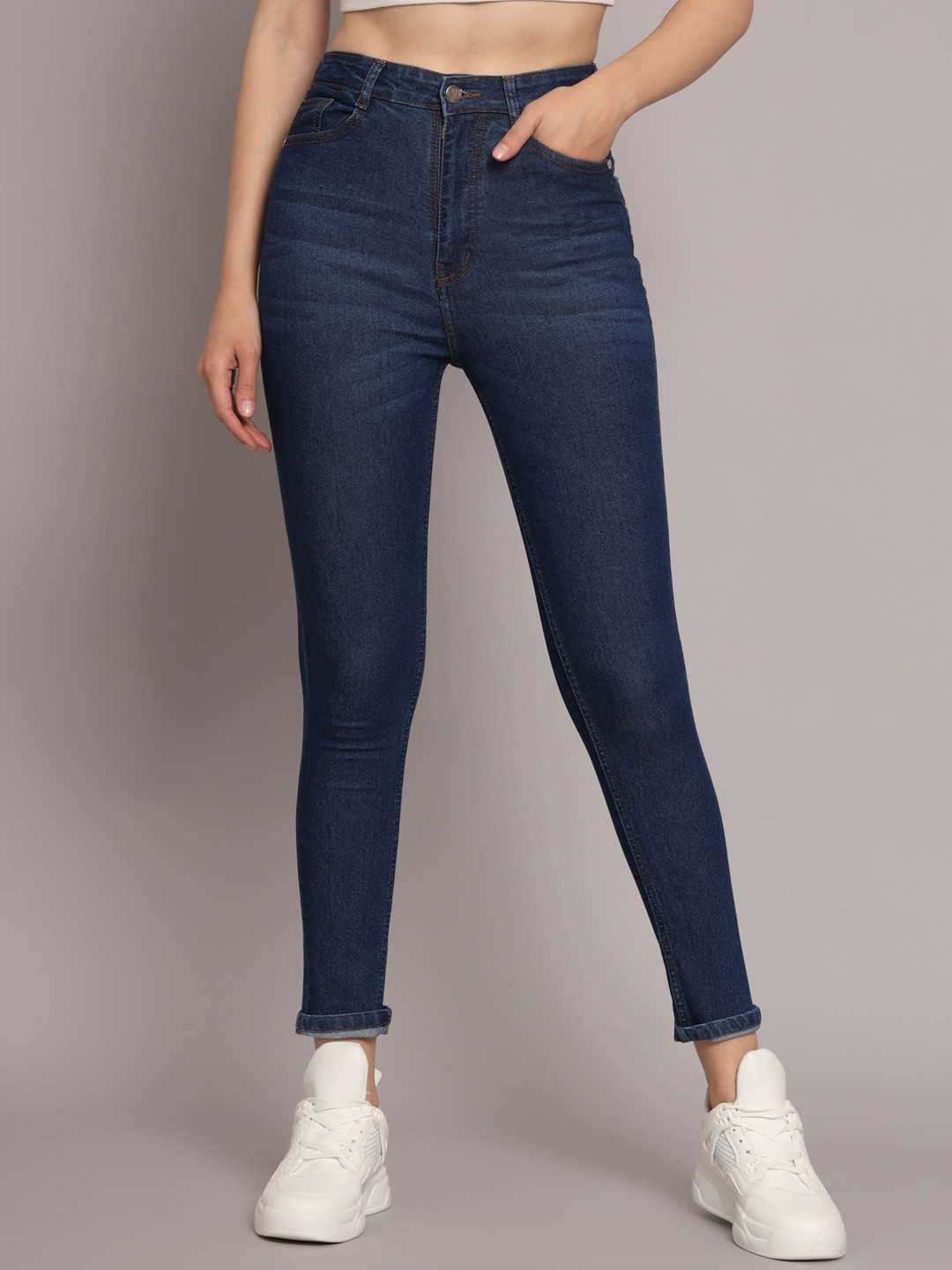

GUTI Women Skinny Fit High-Rise Light Fade Stretchable Cotton Jeans, Navy blue