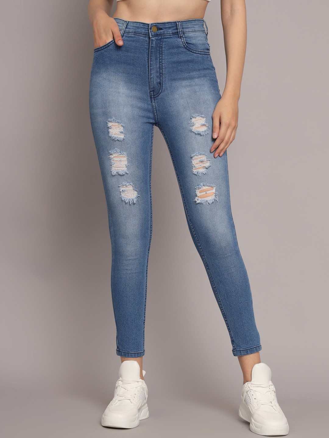 

GUTI Women Skinny Fit High-Rise Mildly Distressed Light Fade Stretchable Cotton Jeans, Blue