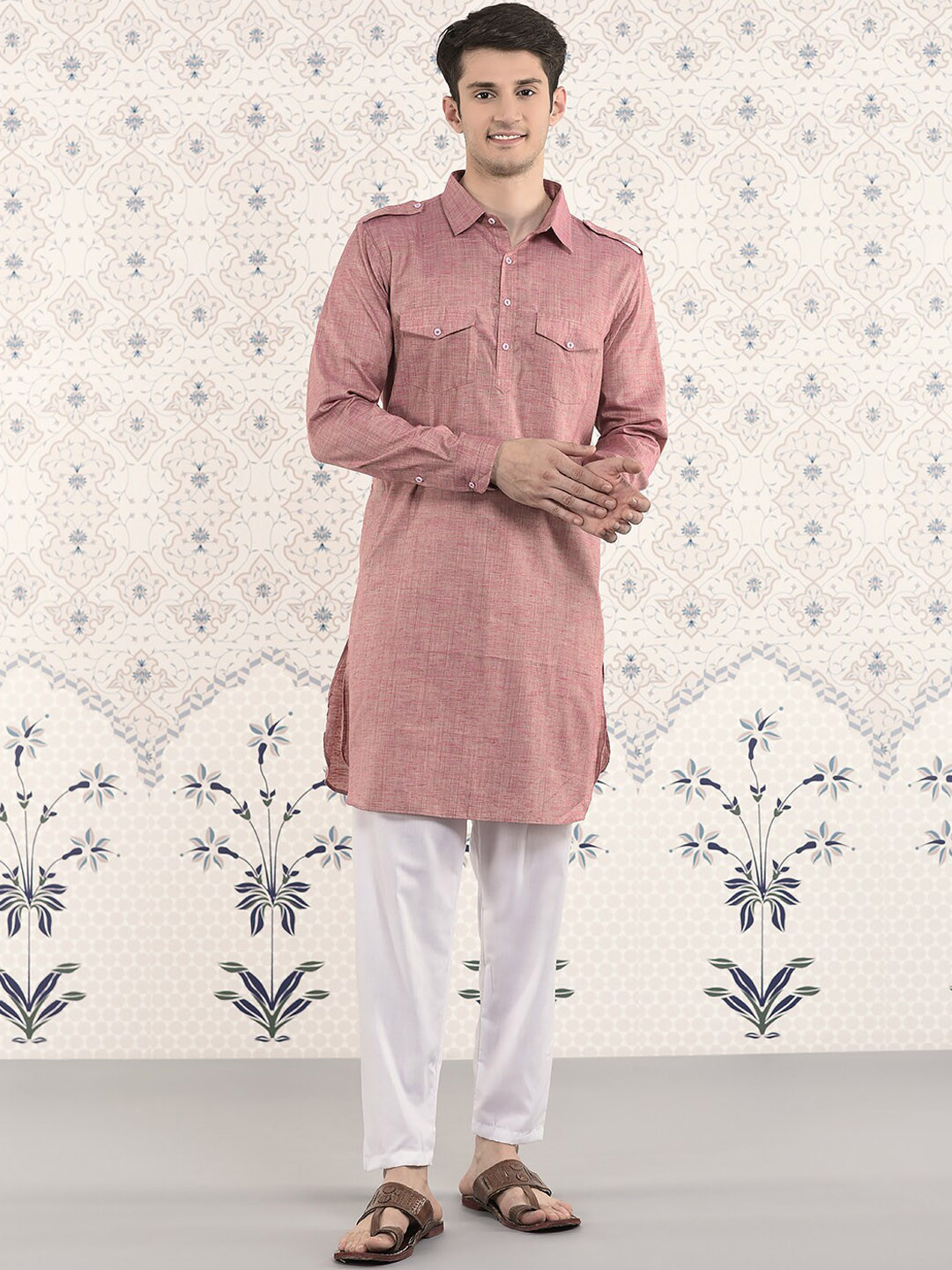 

Ode by House of Pataudi Shirt Collar Pathani Kurta with Pyjamas, Pink