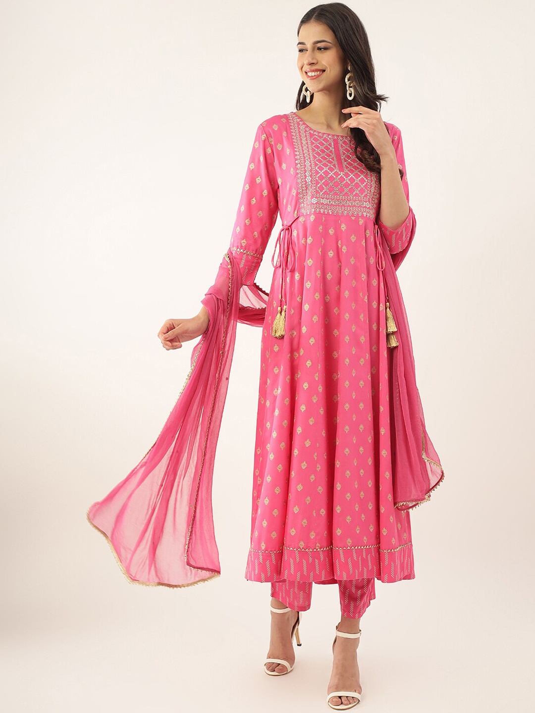 

Khushal K Ethnic Motifs Woven Design Sequinned Kurta with Palazzos & Dupatta, Pink