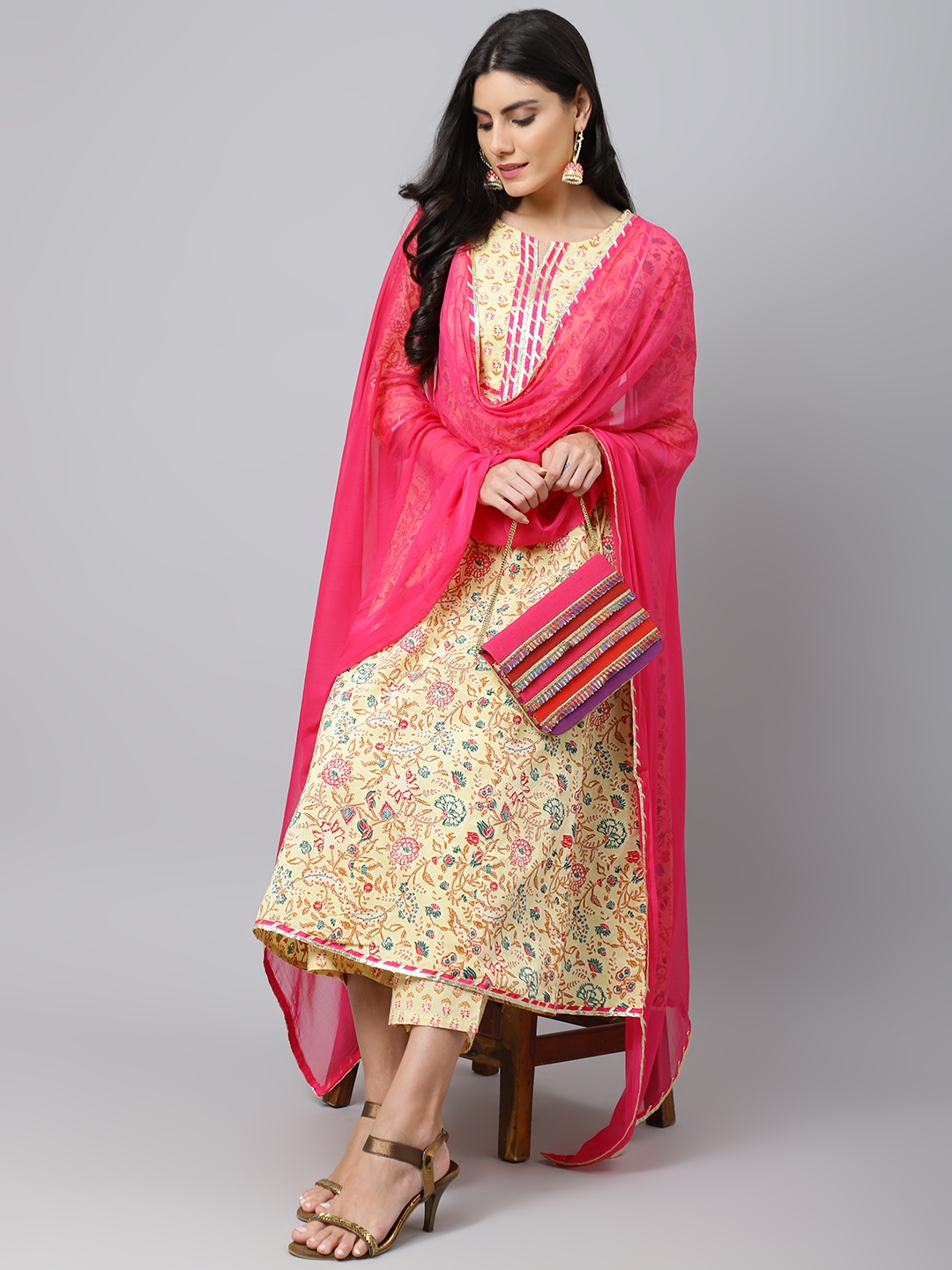 

Khushal K Floral Printed A-Line Gotta Patti Pure Cotton Kurta with Palazzos & Dupatta, Cream