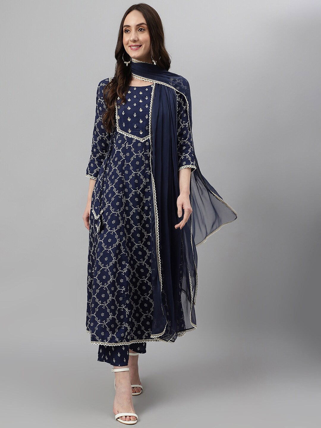 

Khushal K Ethnic Motifs Printed Sequinned Kurta with Palazzos & Dupatta, Blue