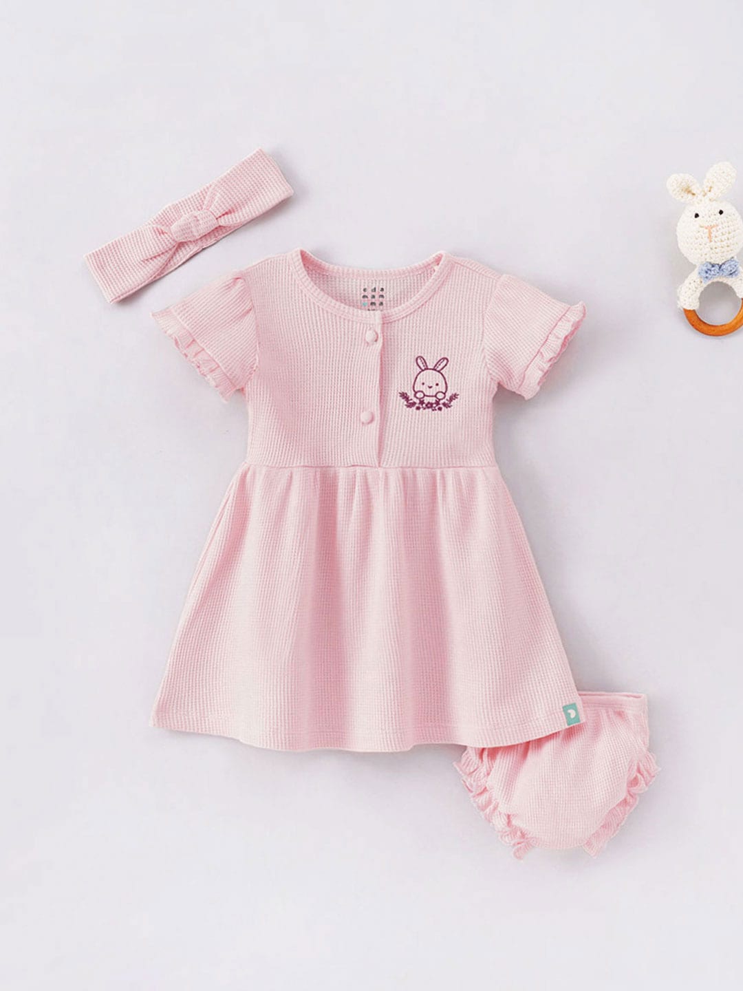 

Ed-a-Mamma Baby Infants Girls Embroidered Cotton A-Line Dress With Bloomers & Hair Band, Pink
