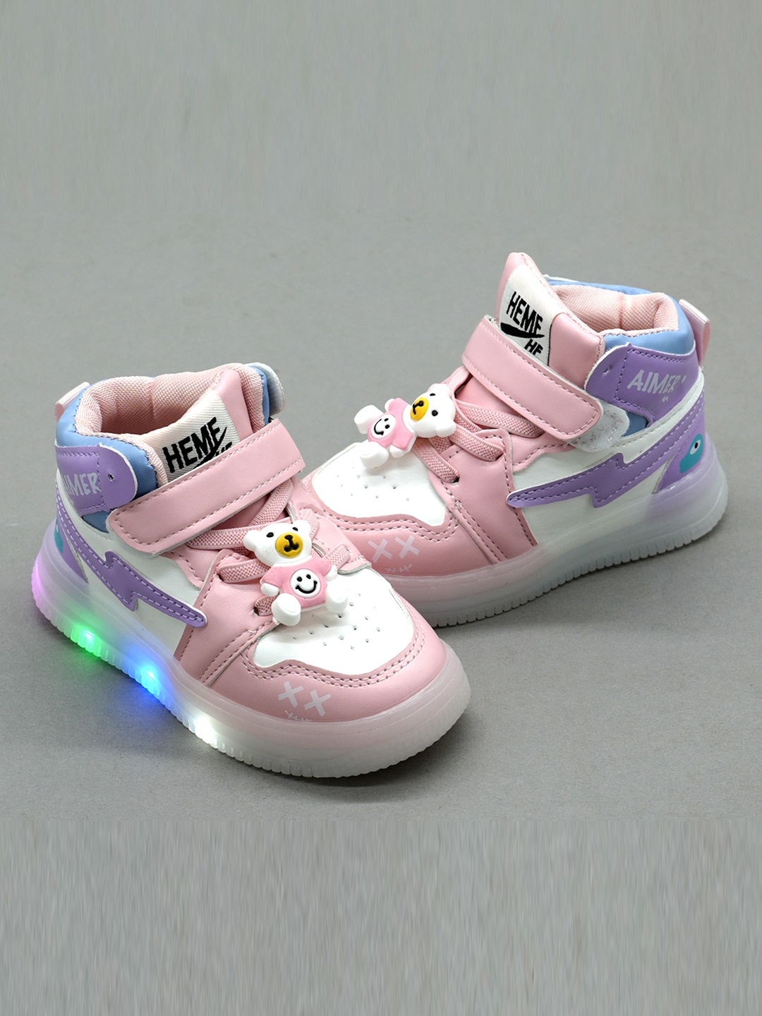 

FEETWELL SHOES Kids Woven Design LED Mid Top Sneakers, Pink