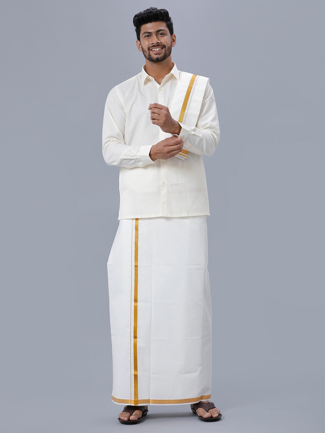 

Ramraj Men Pure Cotton Shirt and Single Layer Dhoti, Cream