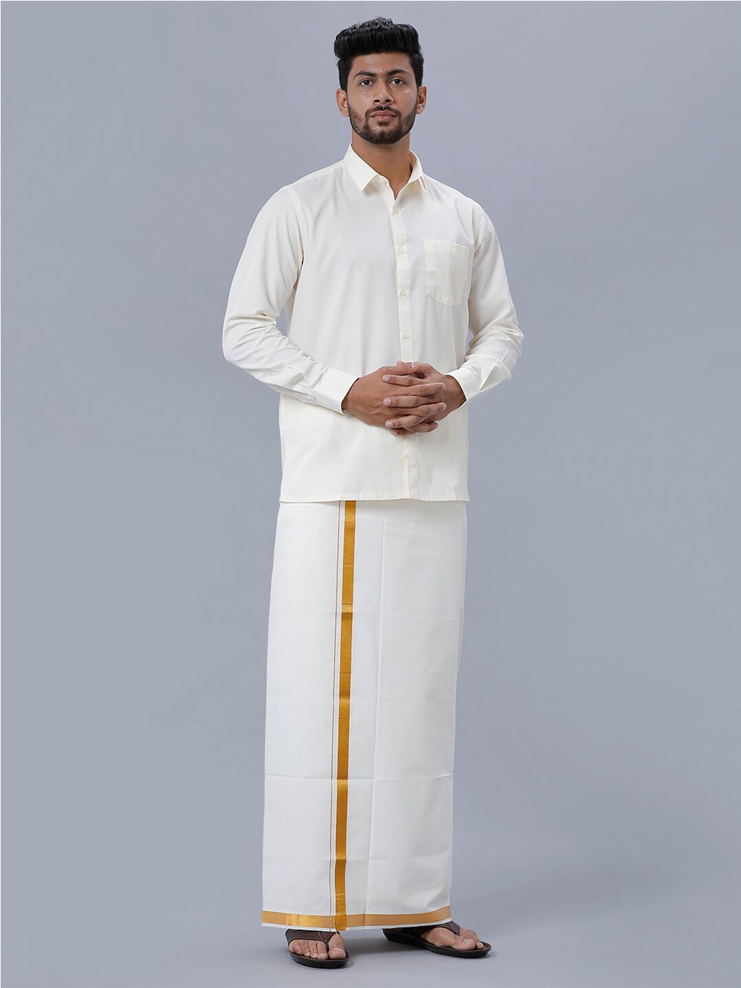 

Ramraj Pure Cotton Shirt with Zari Bordered Dhoti, Cream