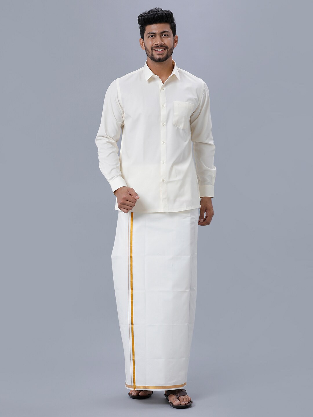

Ramraj Pure Cotton Shirt with Zari Bordered Dhoti, Cream
