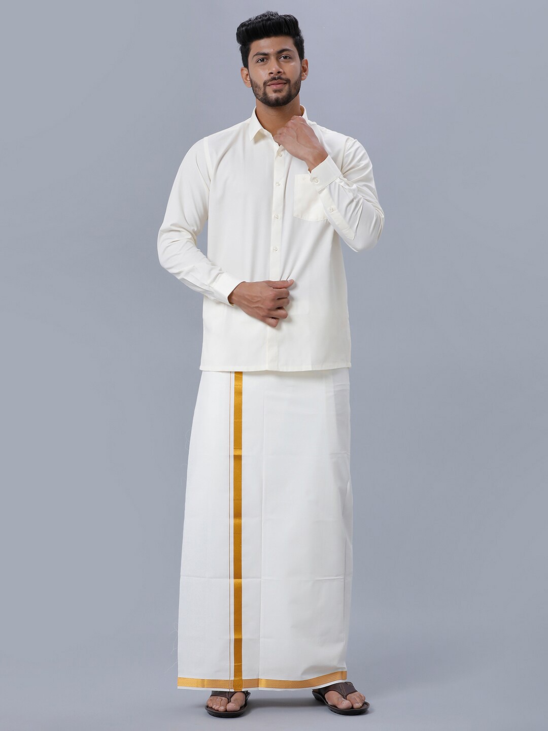 

Ramraj Pure Cotton Shirt with Zari Bordered Dhoti, Cream