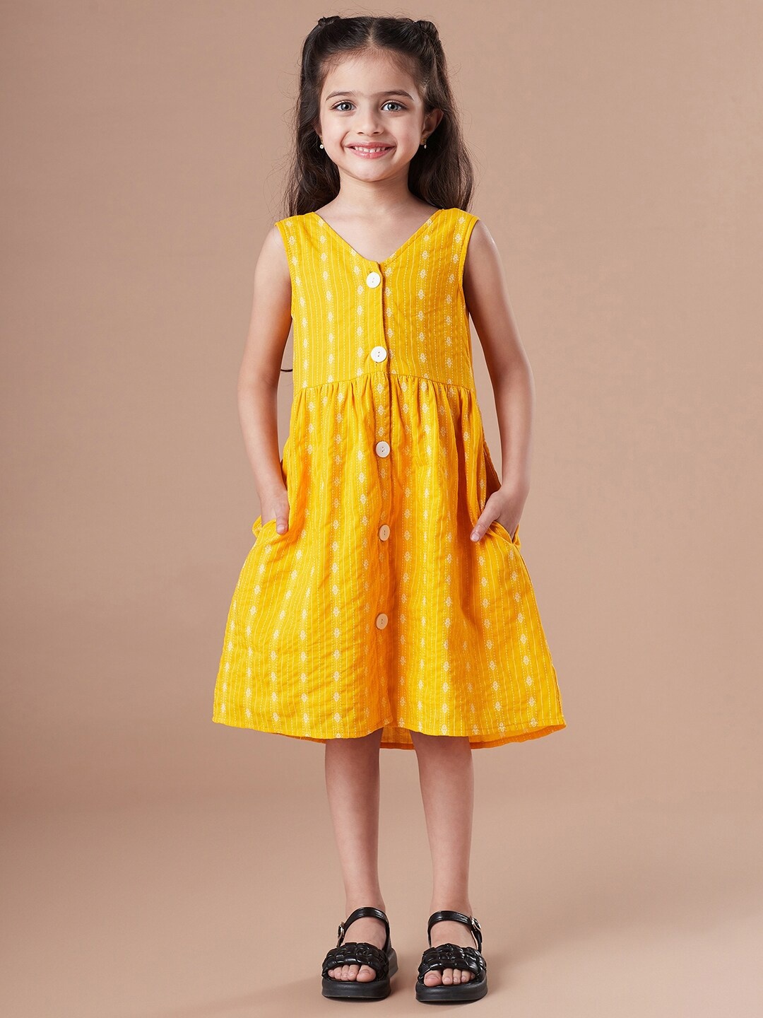 

pspeaches Girls V-Neck Ethnic Motifs Printed Cotton A-Line Dress, Yellow