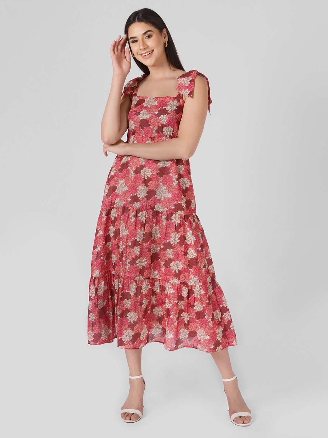 

ISU Shoulder Straps Floral Printed Tiered Fit & Flare Midi Dress, Pink