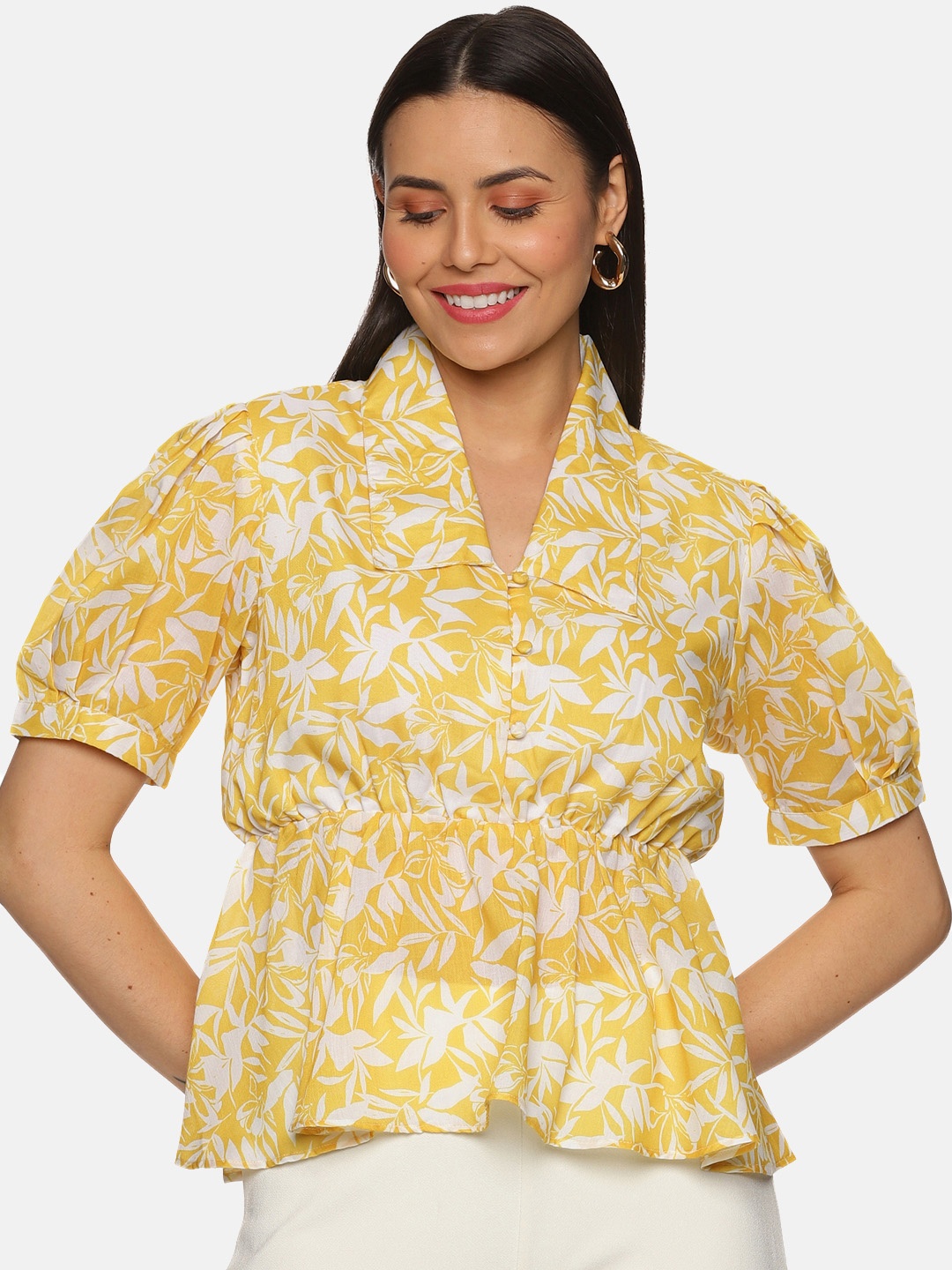 

ISU Floral Printed Puff Sleeves Georgette Peplum Top, Yellow