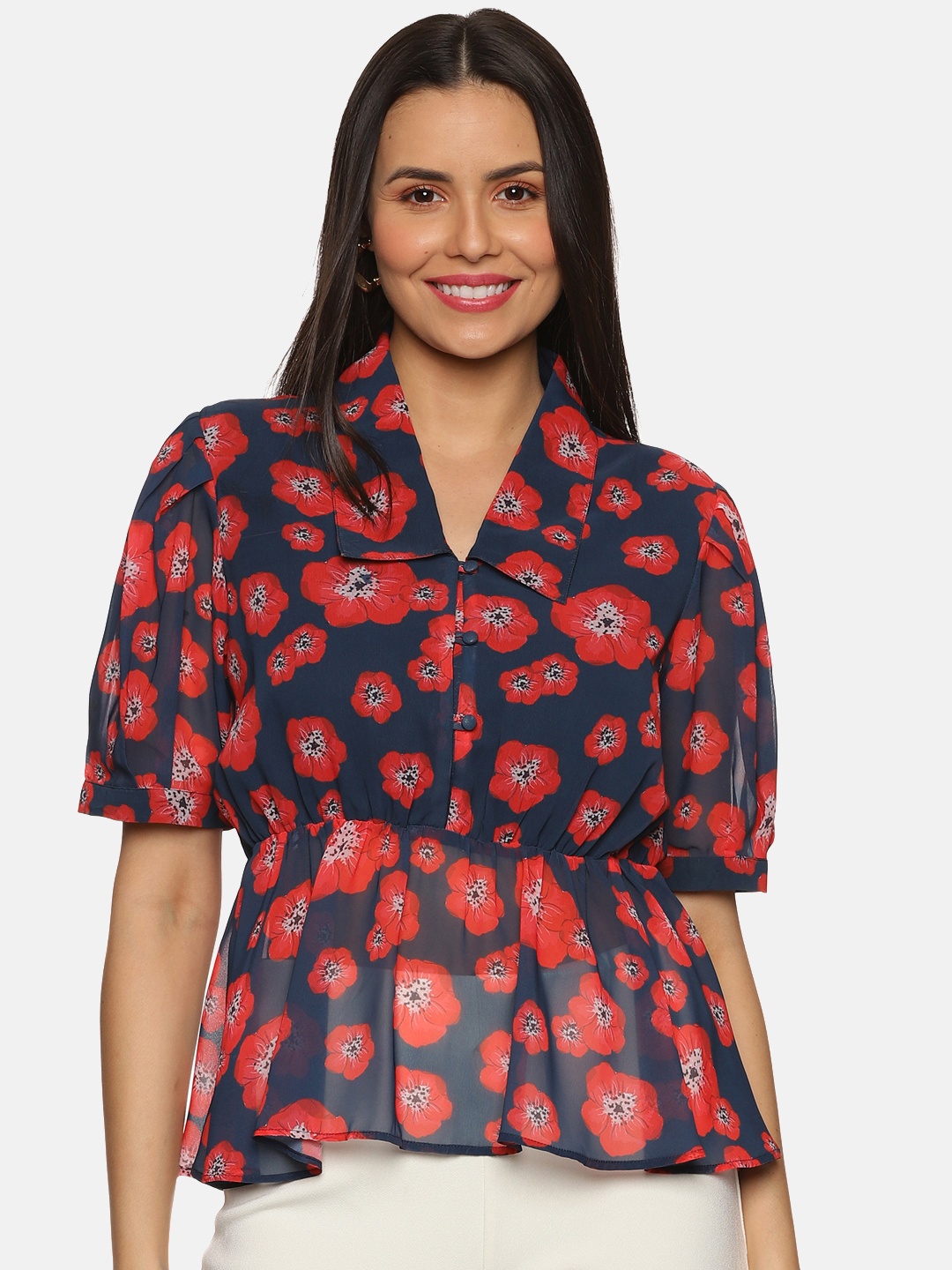

ISU Floral Printed Shirt Collar Puff Sleeves Georgette Peplum Top, Navy blue