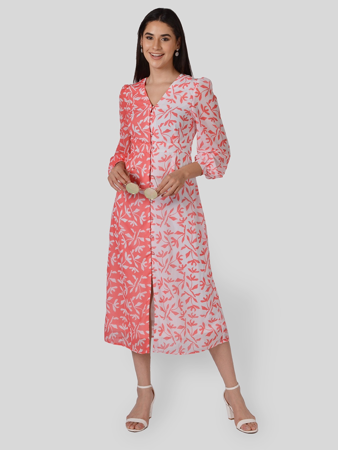 

ISU V-Neck Floral Printed Georgette A-Line Midi Dress, White