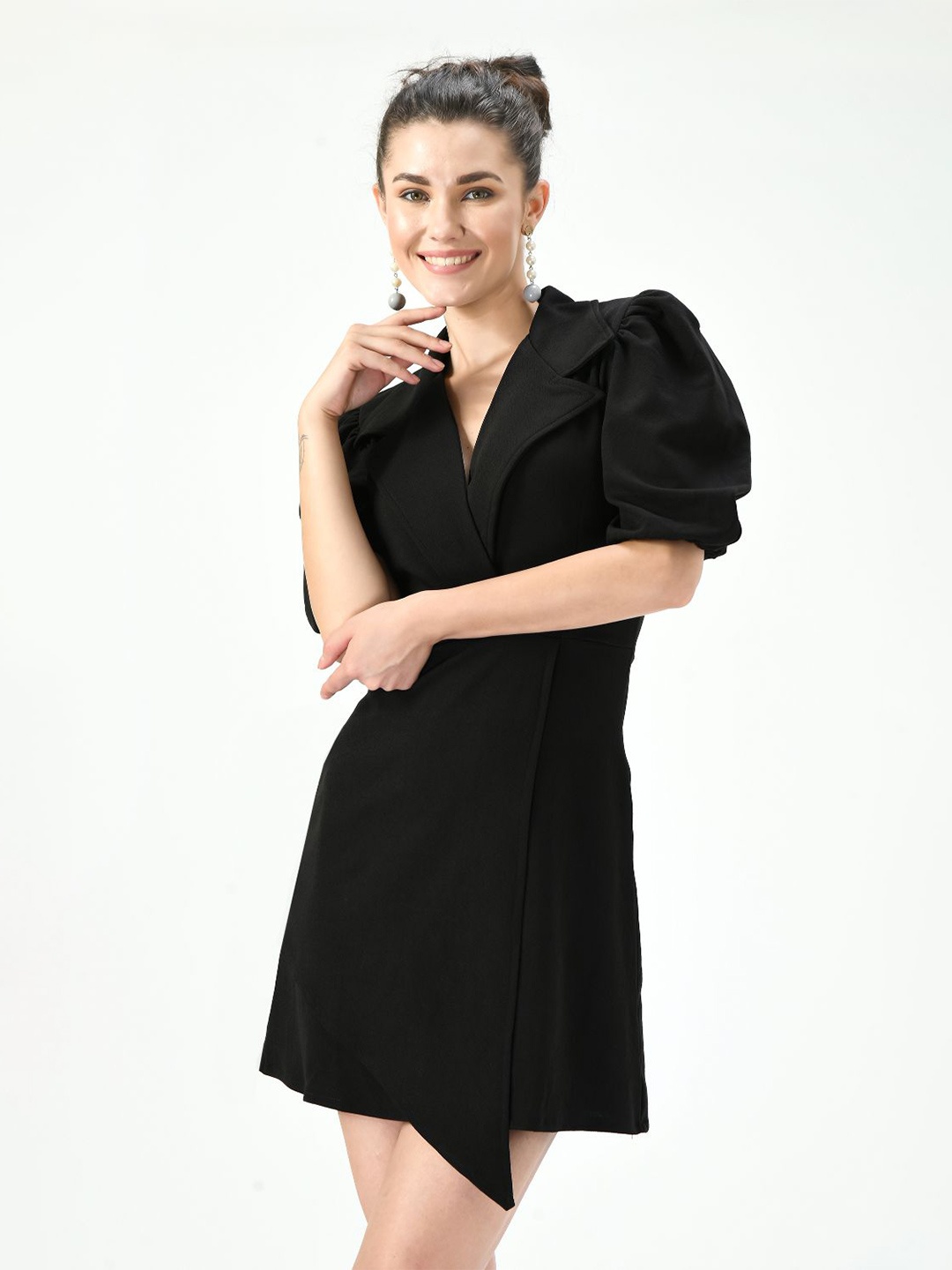 

IUGA Spread Collar Puff Sleeve Mini A-Line Dress, Black