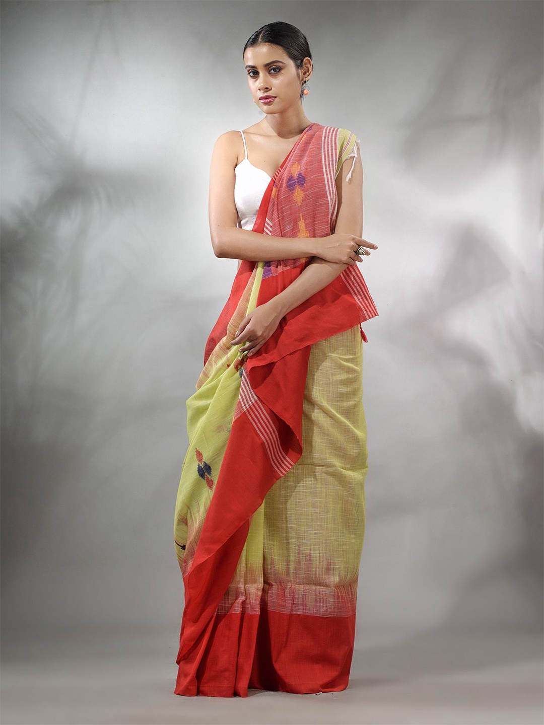 

Charukriti Geometric Woven Design Pure Cotton Ikat Saree, Lime green