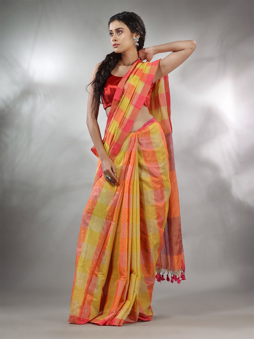 

Charukriti Checked Tissue Saree, Yellow