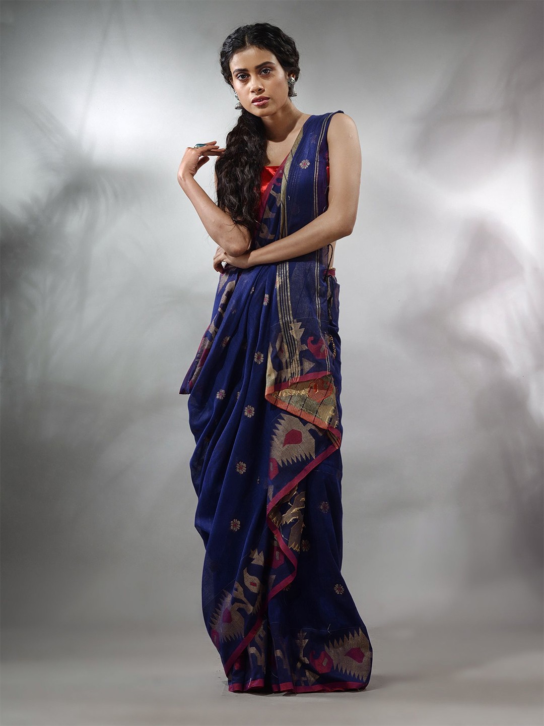 

Charukriti Floral Woven Design Zari Pure Cotton Saree, Navy blue