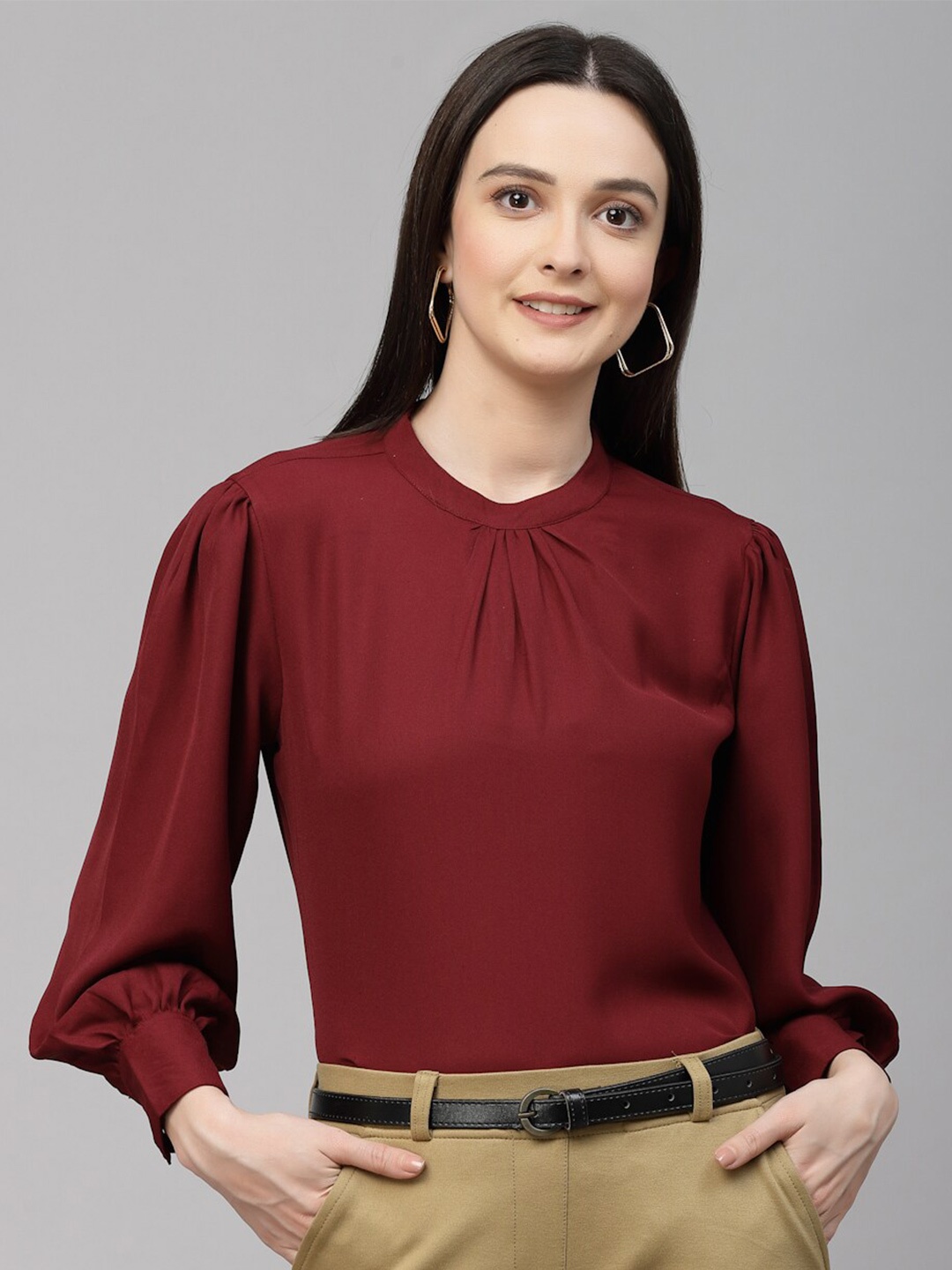 

Style Quotient High Neck Long Puff Sleeves Regular Top, Maroon