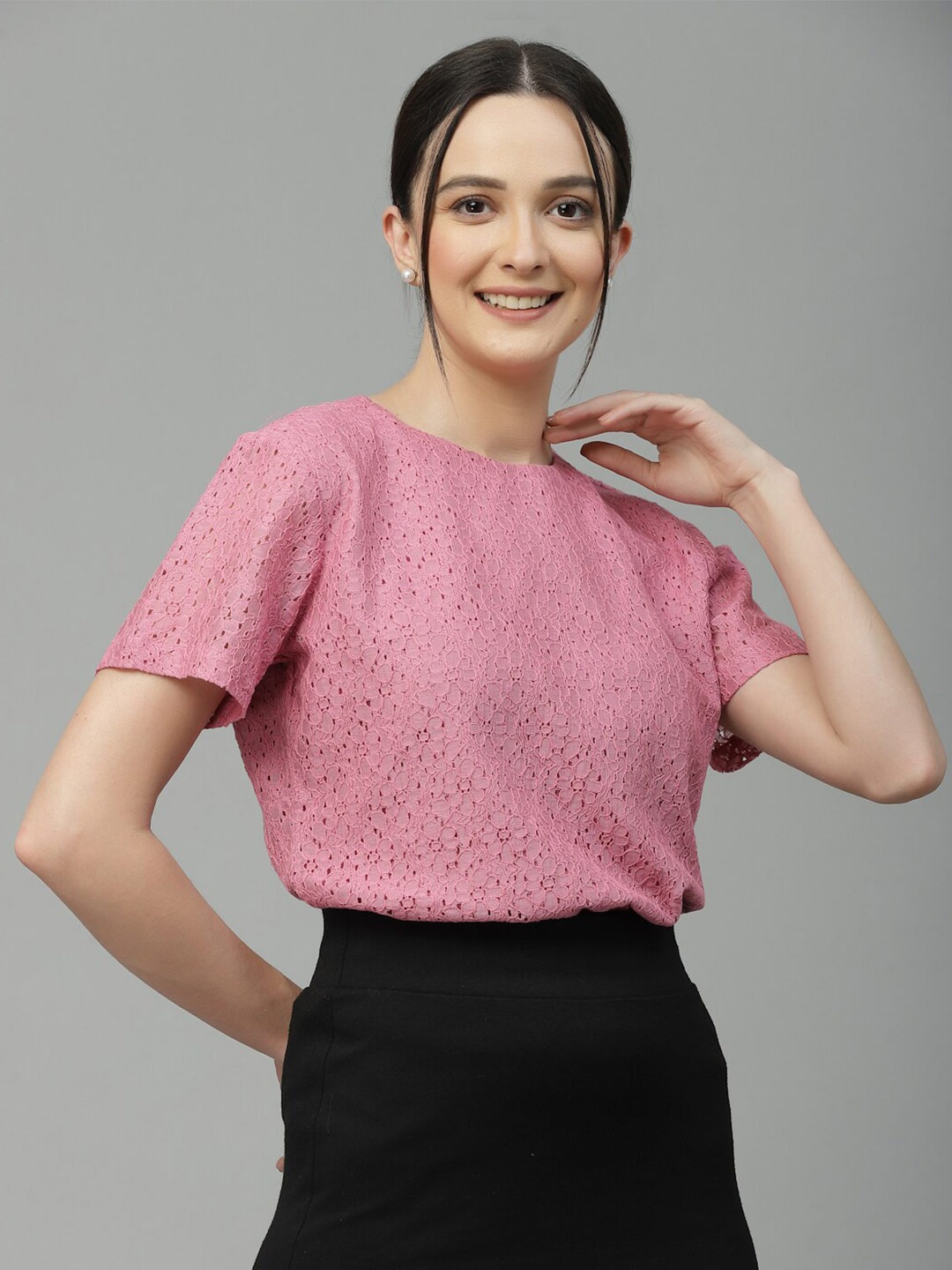 

Style Quotient Self Design Round Neck Lace Cotton Top, Pink