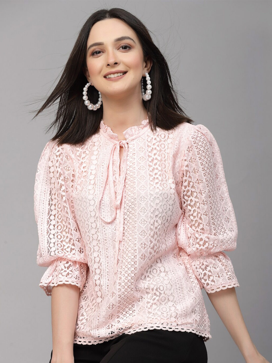 

Style Quotient Self Design Tie-Up Neck Puff Sleeve Cotton Top, Peach