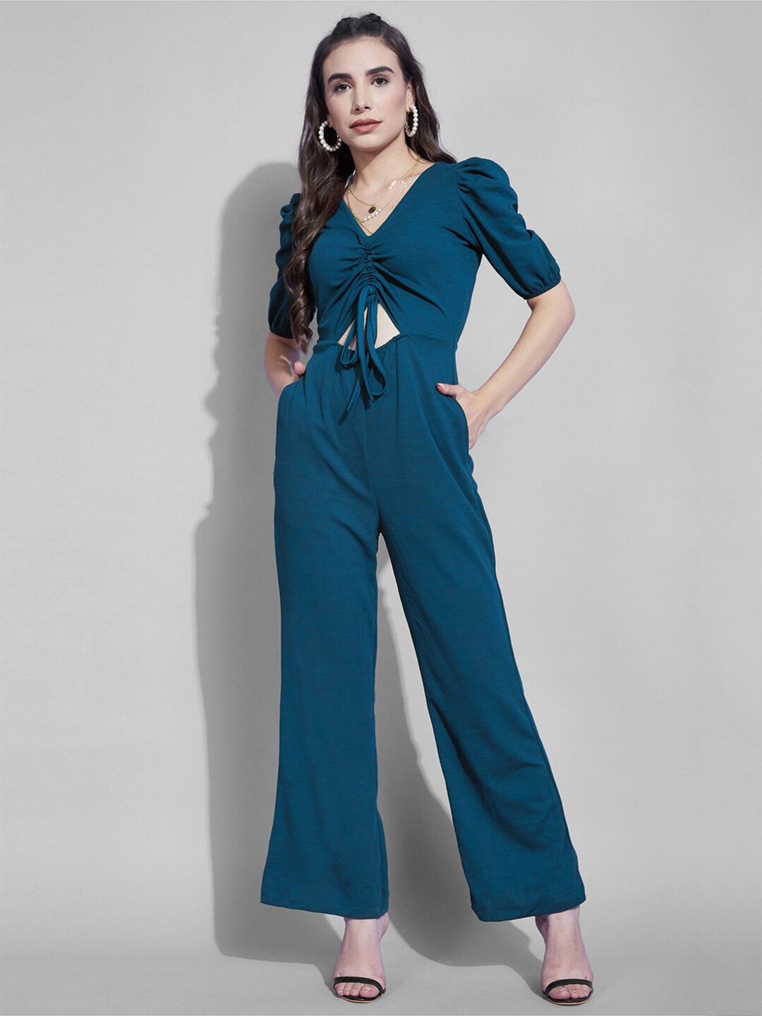 

Selvia Gathered V Neck Cut Out Puff Sleeves Basic Jumpsuit, Teal