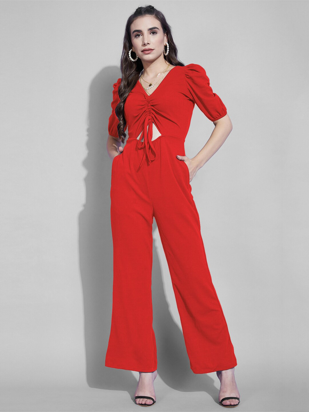 

Selvia Ruched Puff Sleeves Cut-Out Detail Basic Jumpsuit, Red