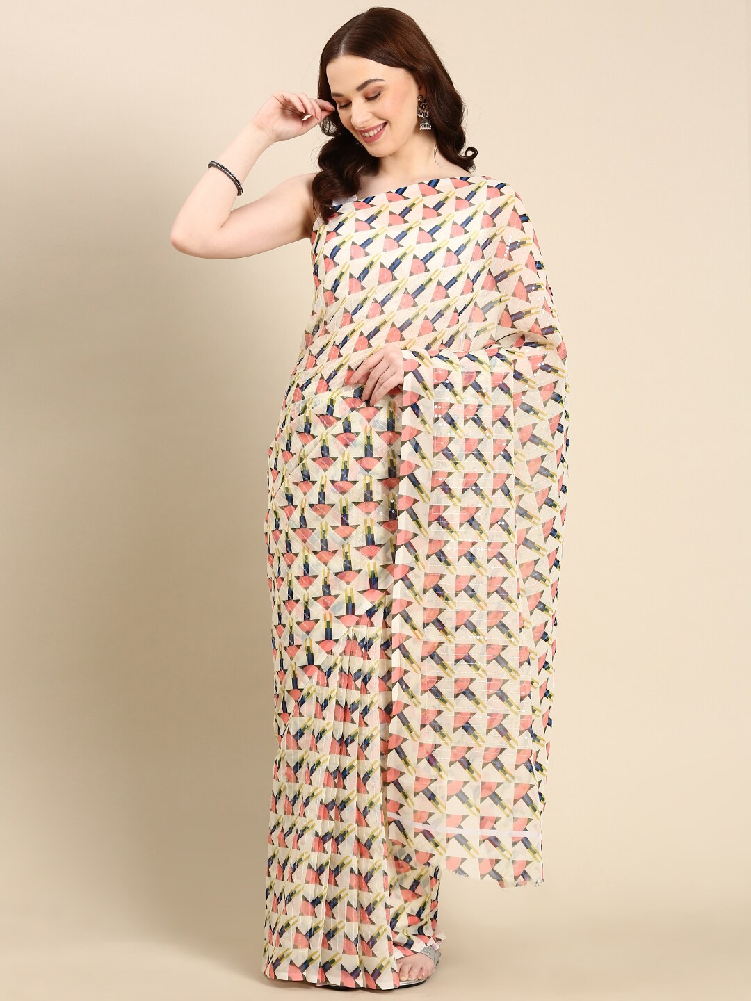 

Anouk Geometric Printed Sequinned Pure Georgette Saree, Cream