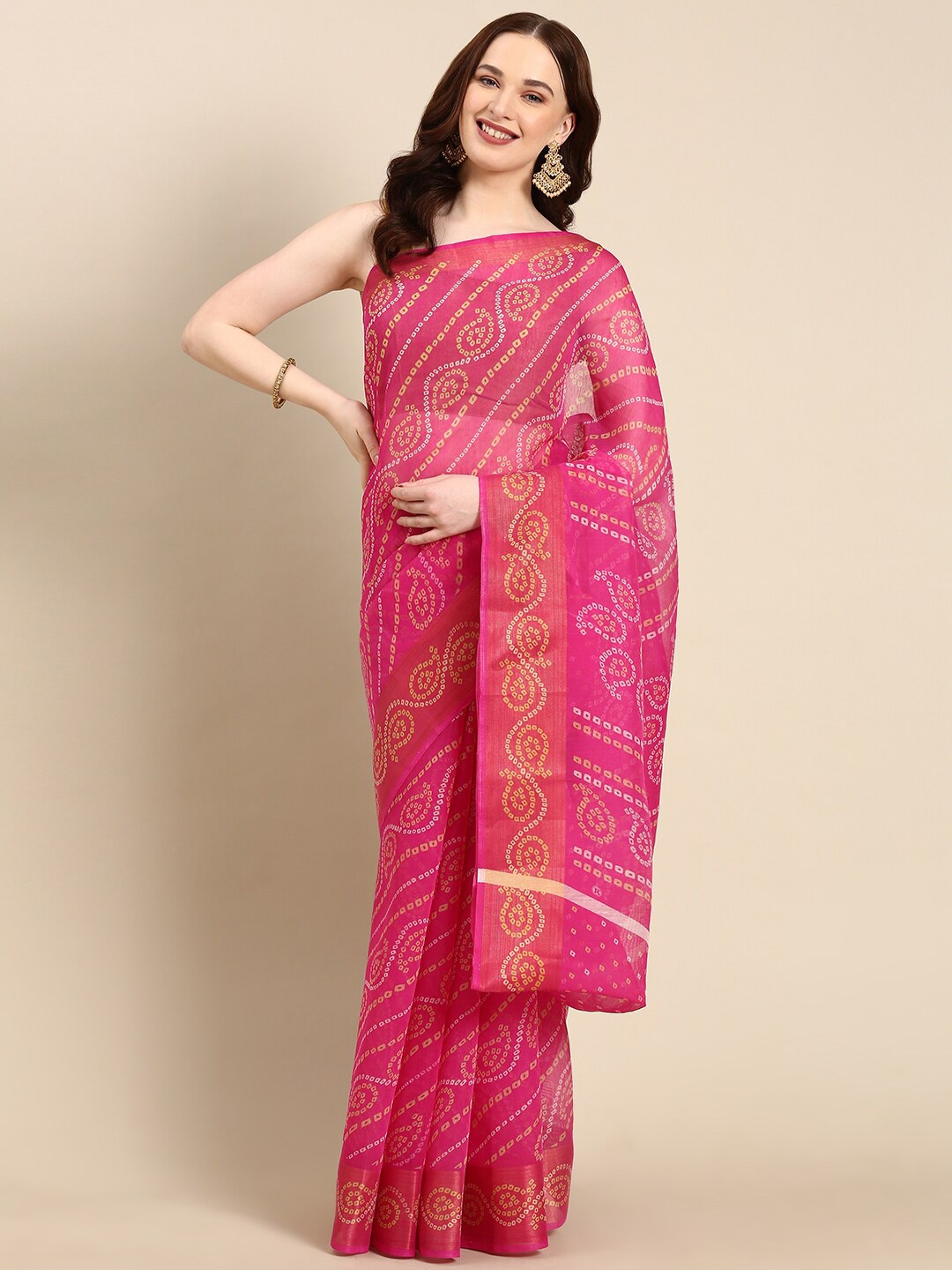 

Anouk Bandhani Printed Zari Saree, Fuchsia