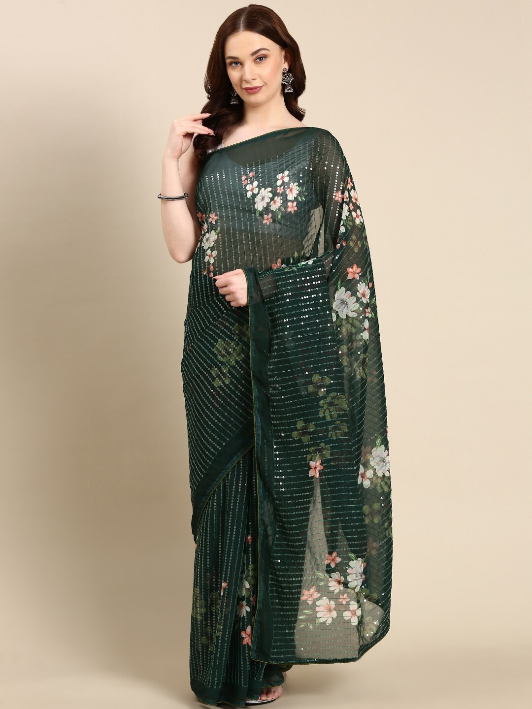 

Anouk Floral Printed Sequinned Pure Georgette Saree, Green