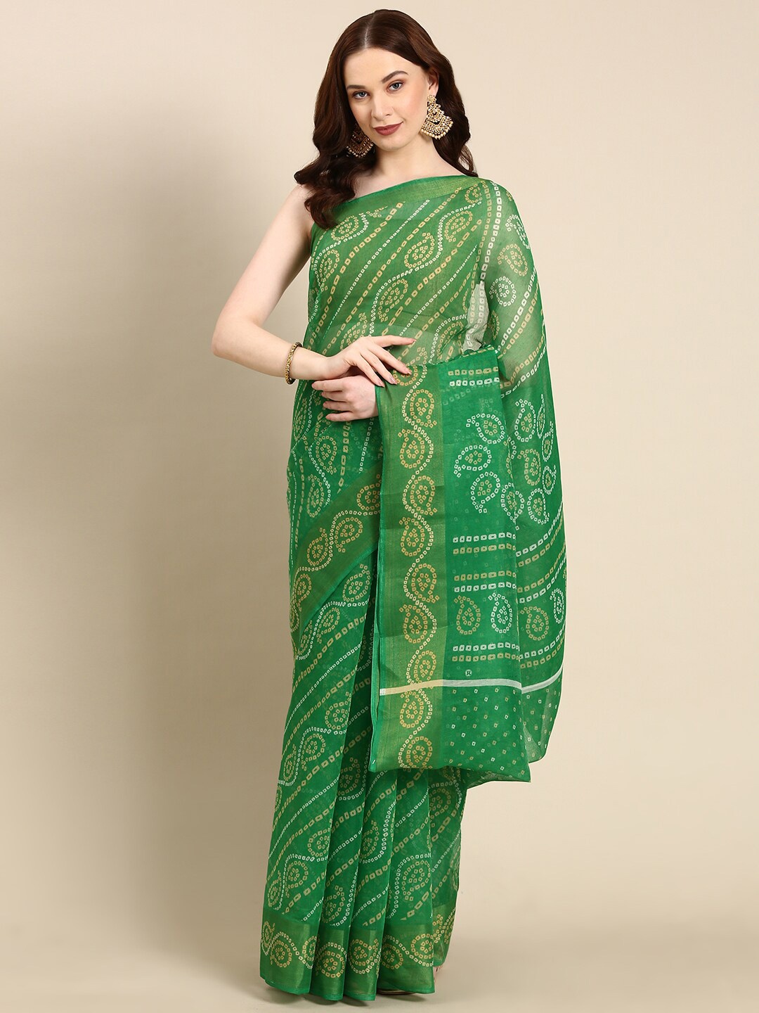 

Anouk Bandhani Printed Zari Saree, Green