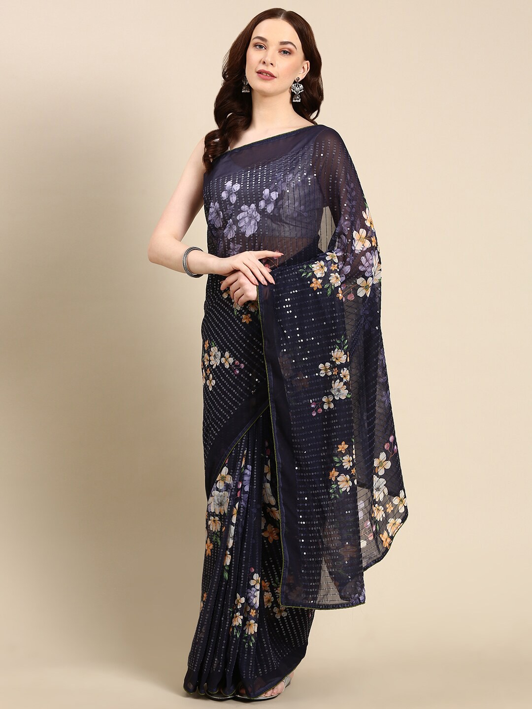 

Anouk Floral Printed Sequinned Pure Georgette Saree, Navy blue