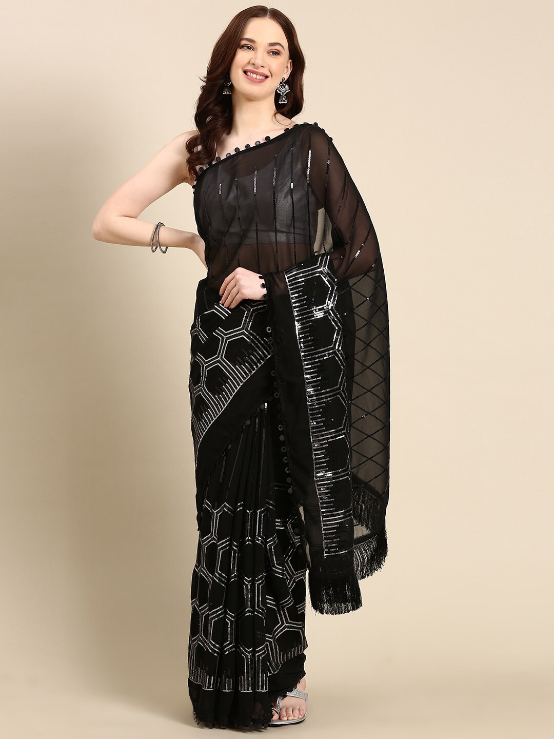 

Anouk Striped Sequinned Pure Georgette Saree, Black