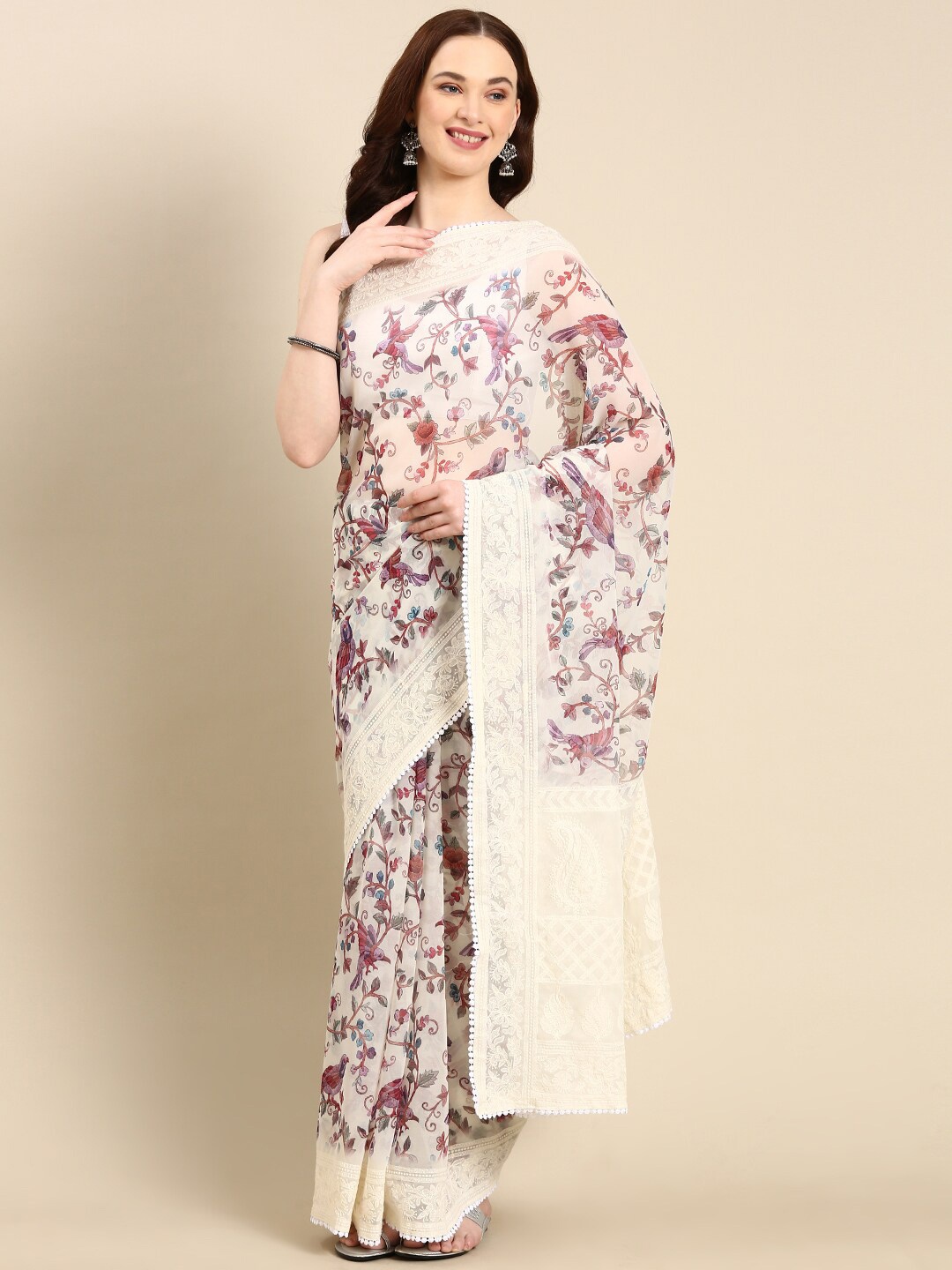 

Anouk Ethnic Printed Embroidered Pure Chiffon Saree, Cream