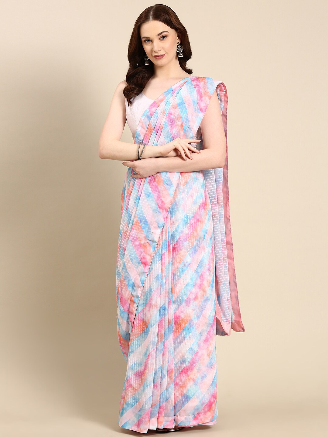 

Anouk Striped Sequinned Pure Georgette Saree, Blue