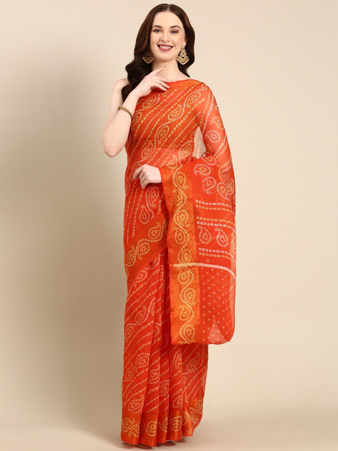 

Anouk Bandhani Printed Zari Saree, Orange