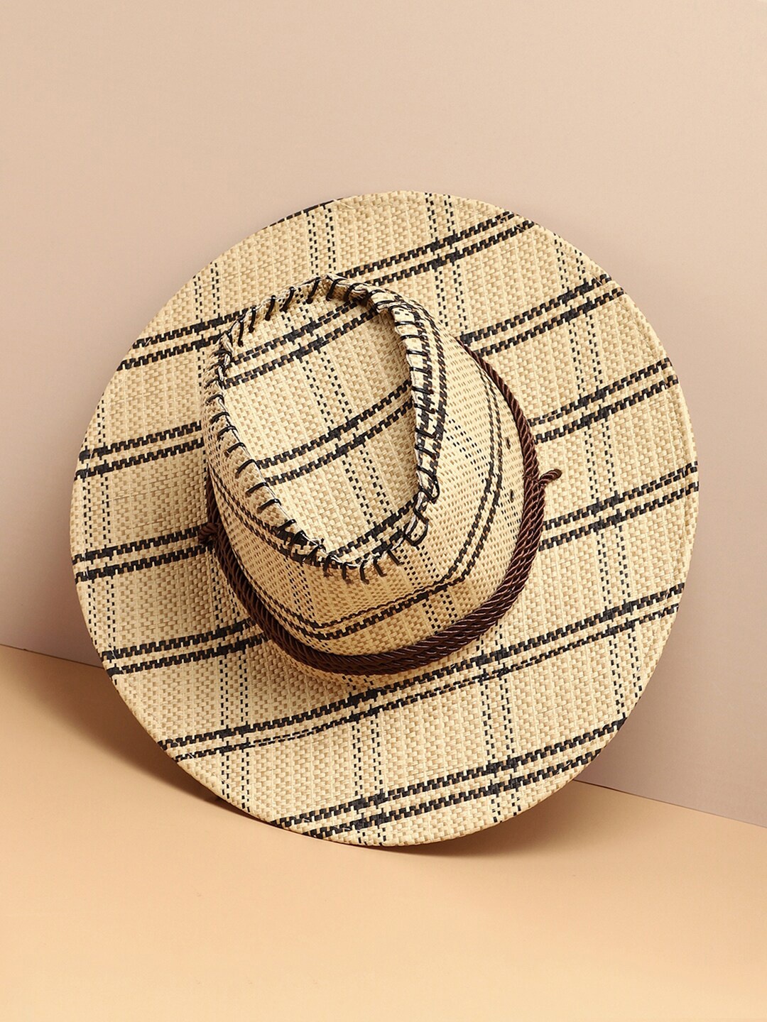 

French Accent Men Checked Fedora Hat, Beige