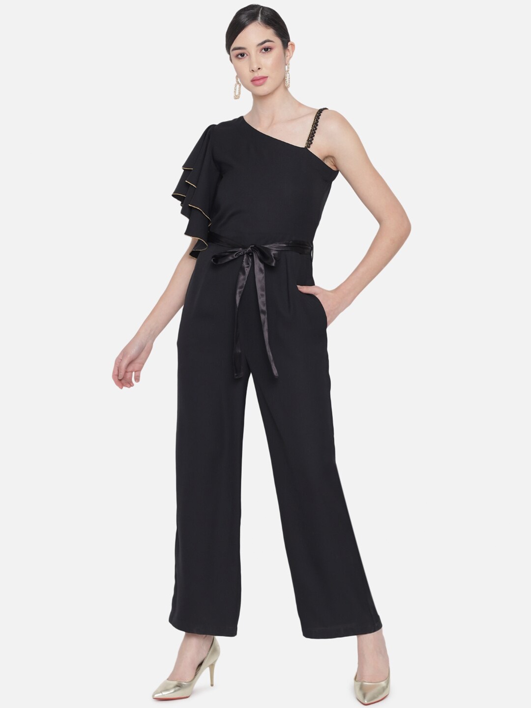 

ALL WAYS YOU One Shoulder Waist-Tie Up Basic Jumpsuit, Black