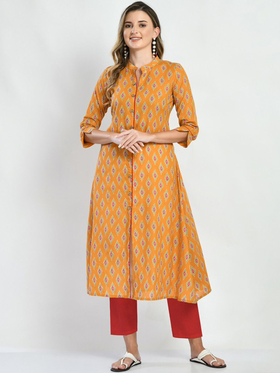 

KALINI Pure Cotton Geometric Printed A-Line Kurta, Mustard