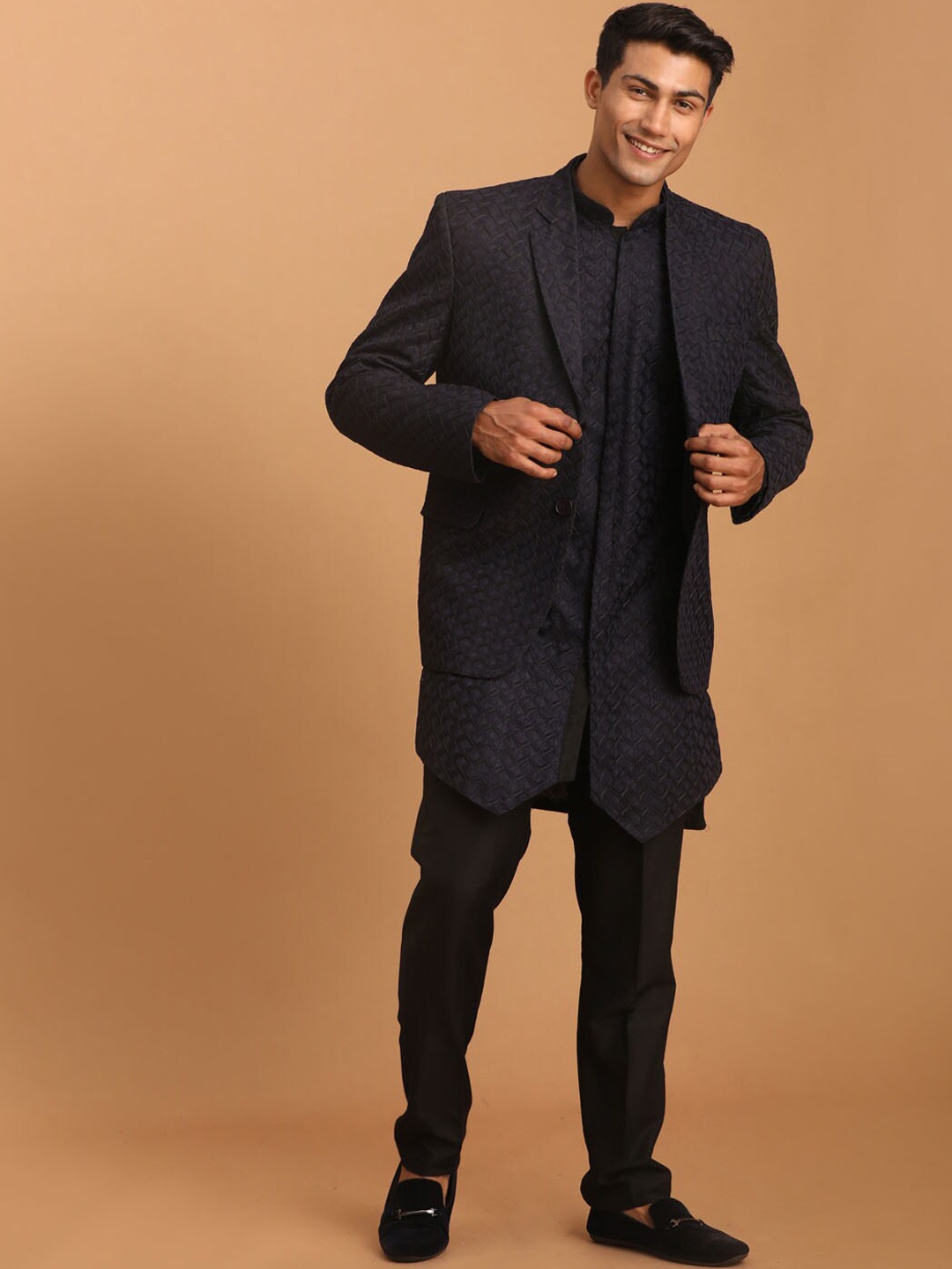 

VASTRAMAY Embroidered Mandarin Collar Kurta With Trousers & Blazer, Navy blue